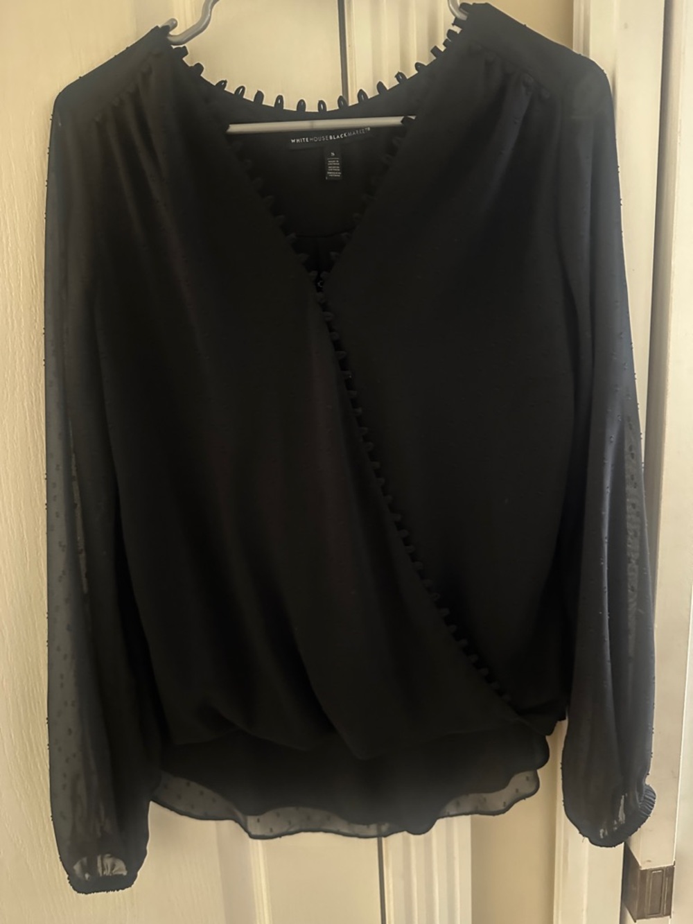 White House Black Market Black Sheer-Sleeve Surplice Blouse SZ SM